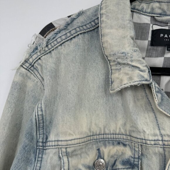 PacSun Jean Jacket Mens Medium Blue Distressed Checkered Patch Trucker Denim Siz - Picture 3 of 14